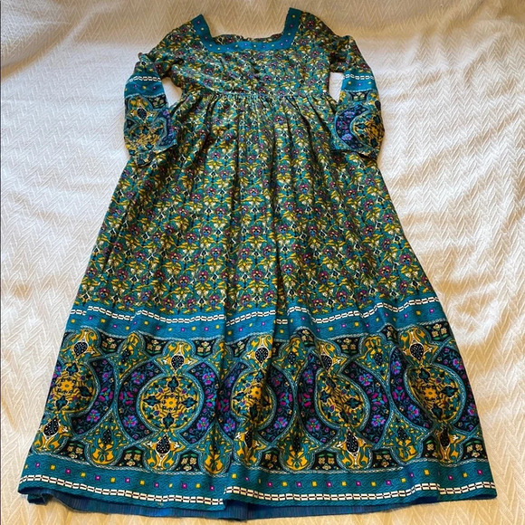 Handmade Long Sleeved Floral Geometric Bohemian Maxi Dress Vibrant Hippie - Picture 1 of 13